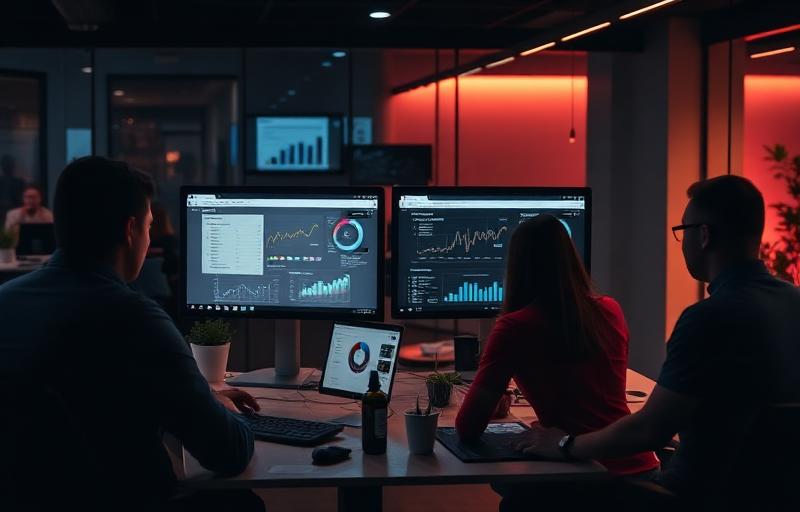 Marketing agency team analyzing campaign data on monitors